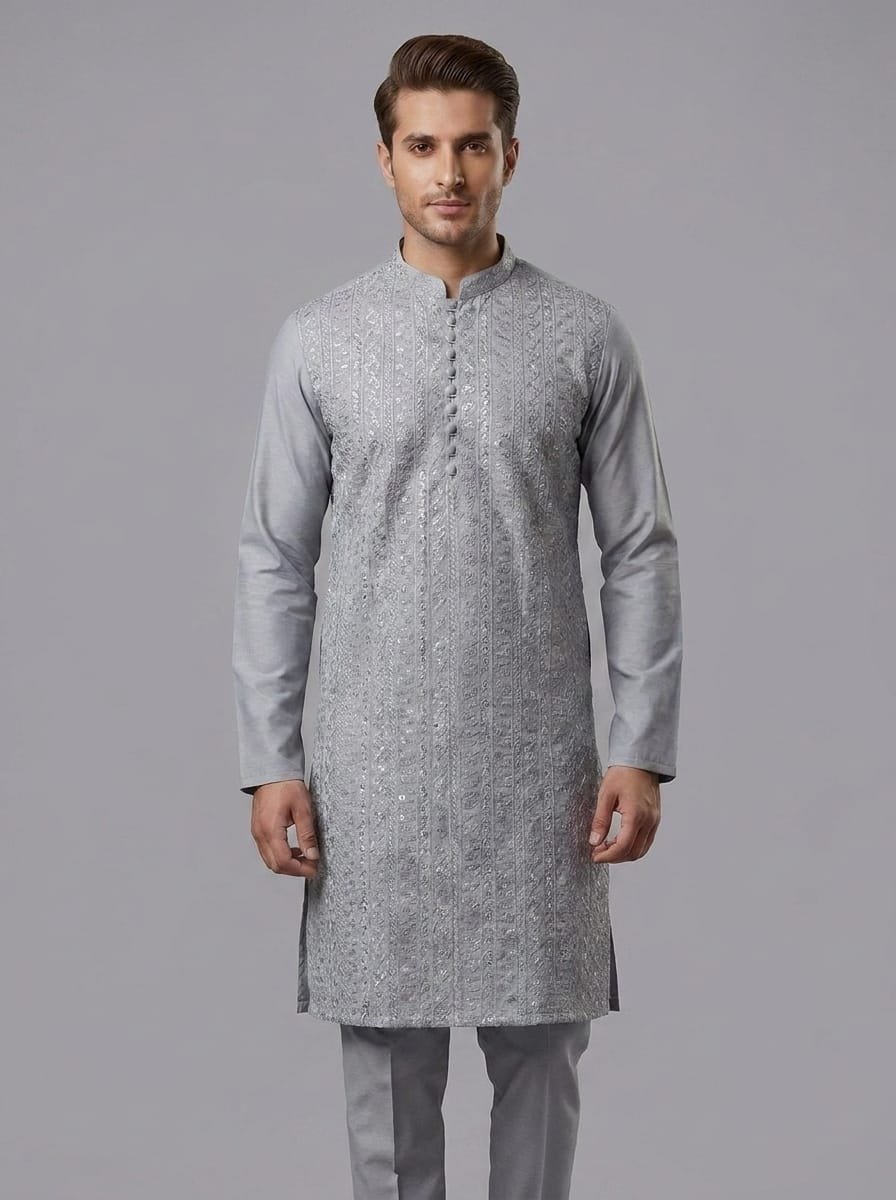 Grey Embroidered Kurta Trouser